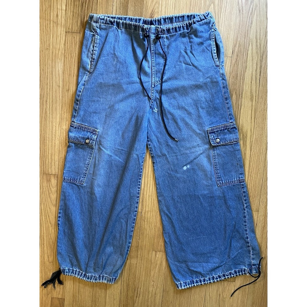 Wide Leg Cargo Denim Pants in Blue